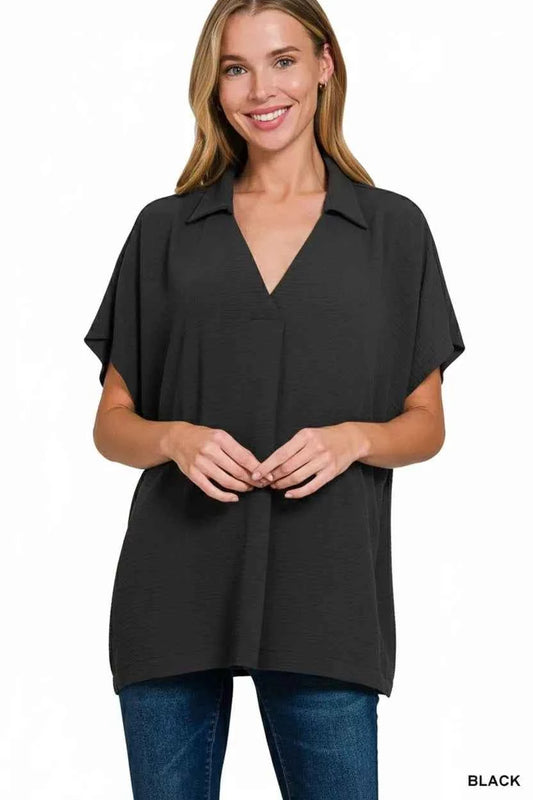 Zenana Woven Airflow Collared Short Sleeve Top 74677bca-1096-4c1e-9ac7-0f0ef1869f6f-Max-Origin