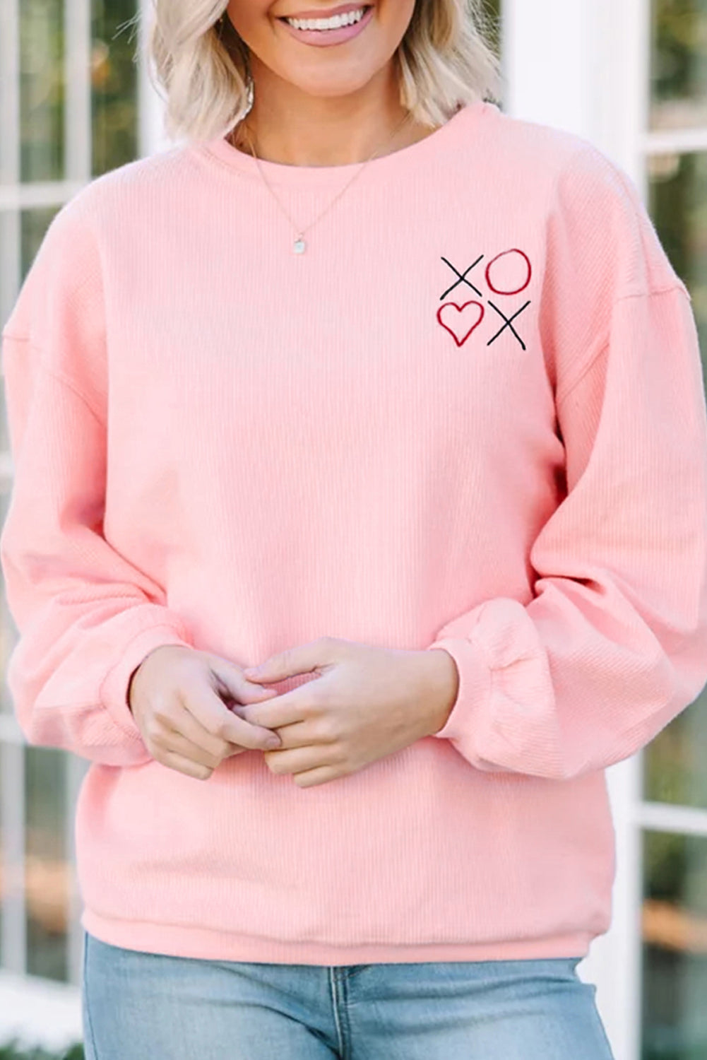 Pink 3d Ribbed XOXO Heart Embroidered Drop Shoulder Sweatshirt Pink 98%Cotton+2%Elastane 746dc3595279a6e7