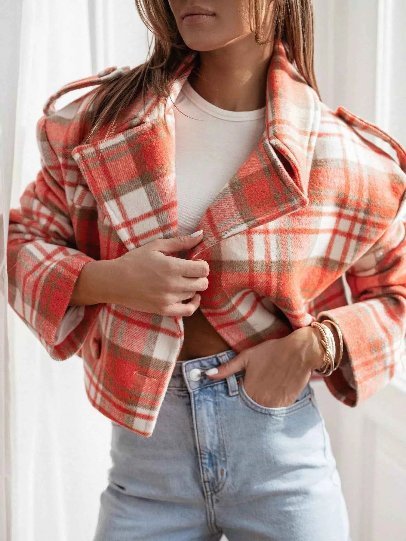 Plaid Lapel Collar Cropped Outerwear Orange Plaid 746dc90e-98c7-45d1-89b4-ff3aa901bf94-Max-Origin
