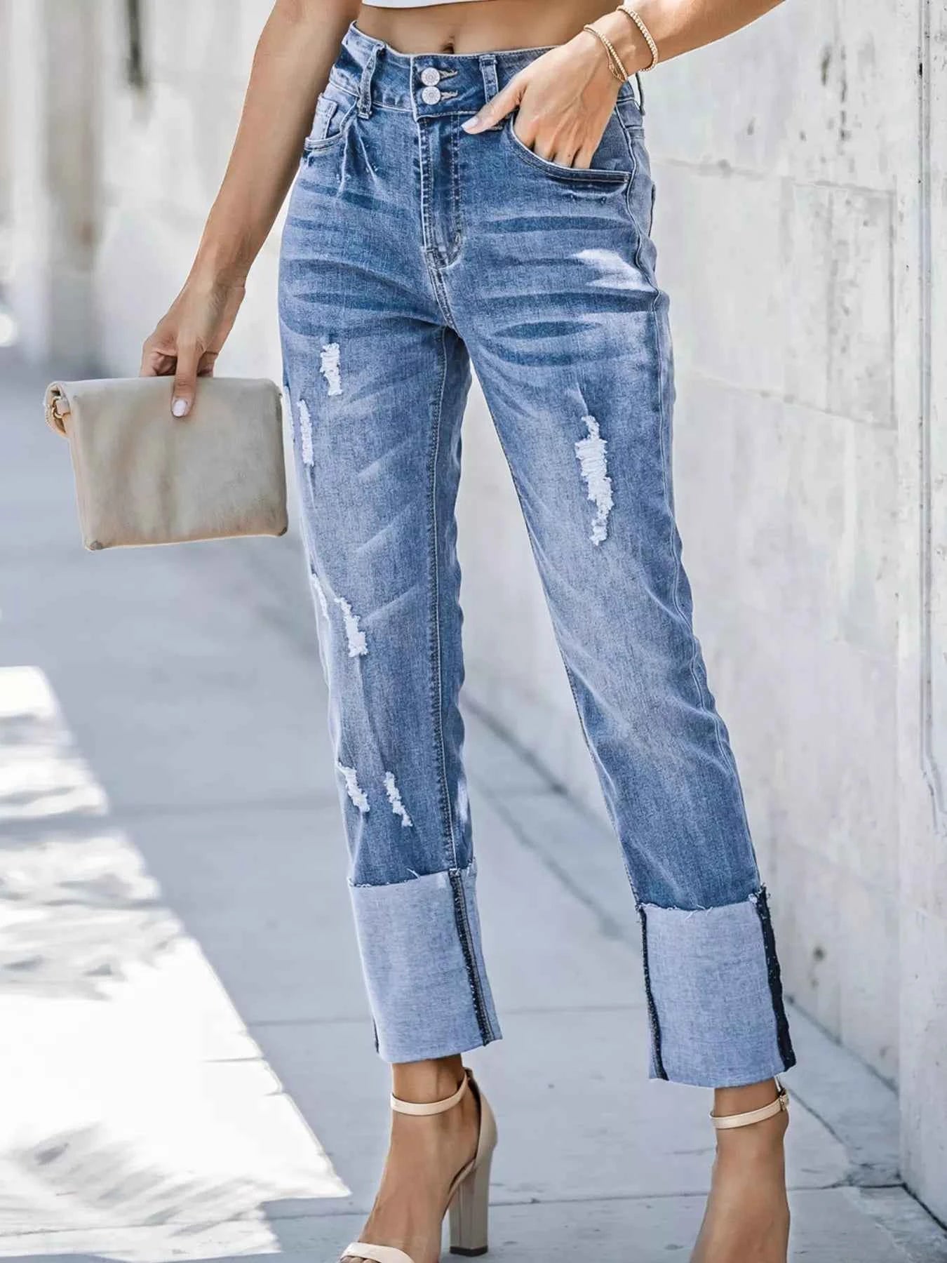 High Waist Distressed Straight Leg Jeans Light Blue 74777d368a52446b897247104dfe42a6-Max-Origin