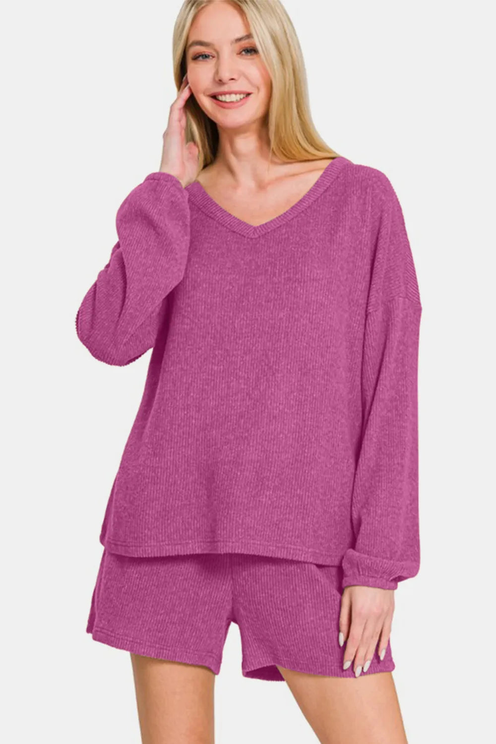 Zenana V-Neck Long Sleeve Ribbed Top and Shorts Set 747bac27-a4ab-4f63-9a4e-2b9f820ac2fe-Max