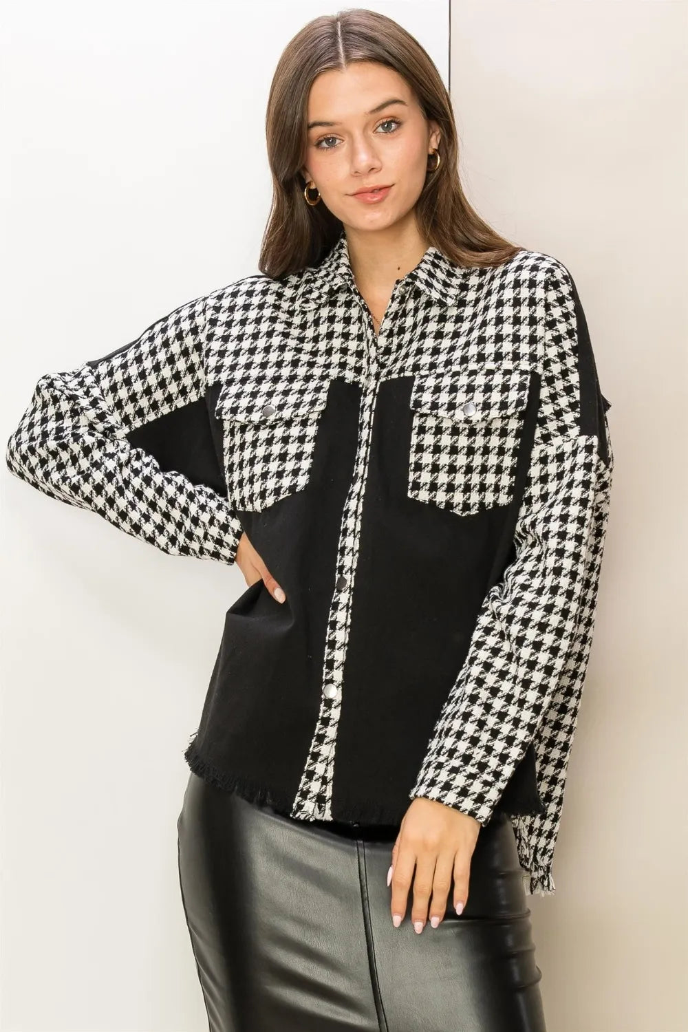 HYFVE Houndstooth Contrast Raw Hem Jacket Black 7485af7e-99df-4ee1-823b-f7f0c788e717-Max