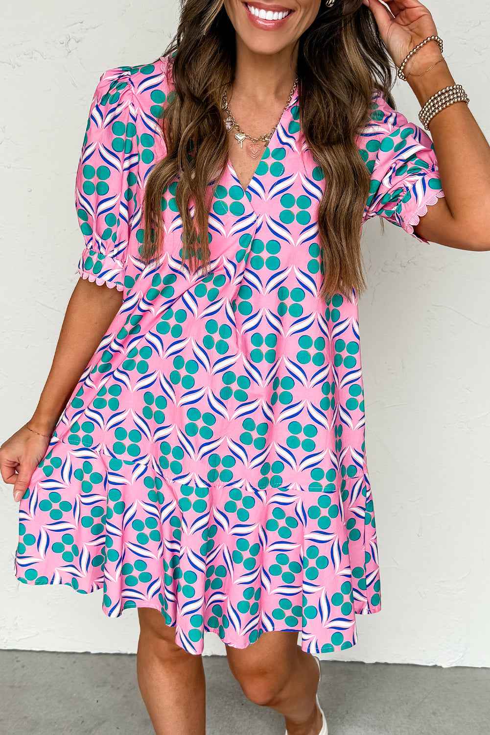 Pink Geometric Print V-Neck Ricrac Trim Mini Dress Pink 100%Polyester 74879533ad3b2984