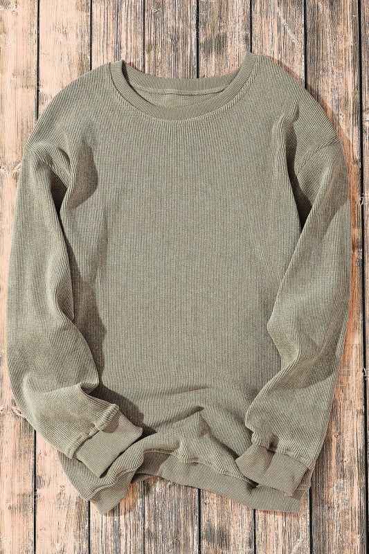 Solid Ribbed Knit Round Neck Pullover Sweatshirt 748a52b2-efd1-4576-987f-d0ec3755216b