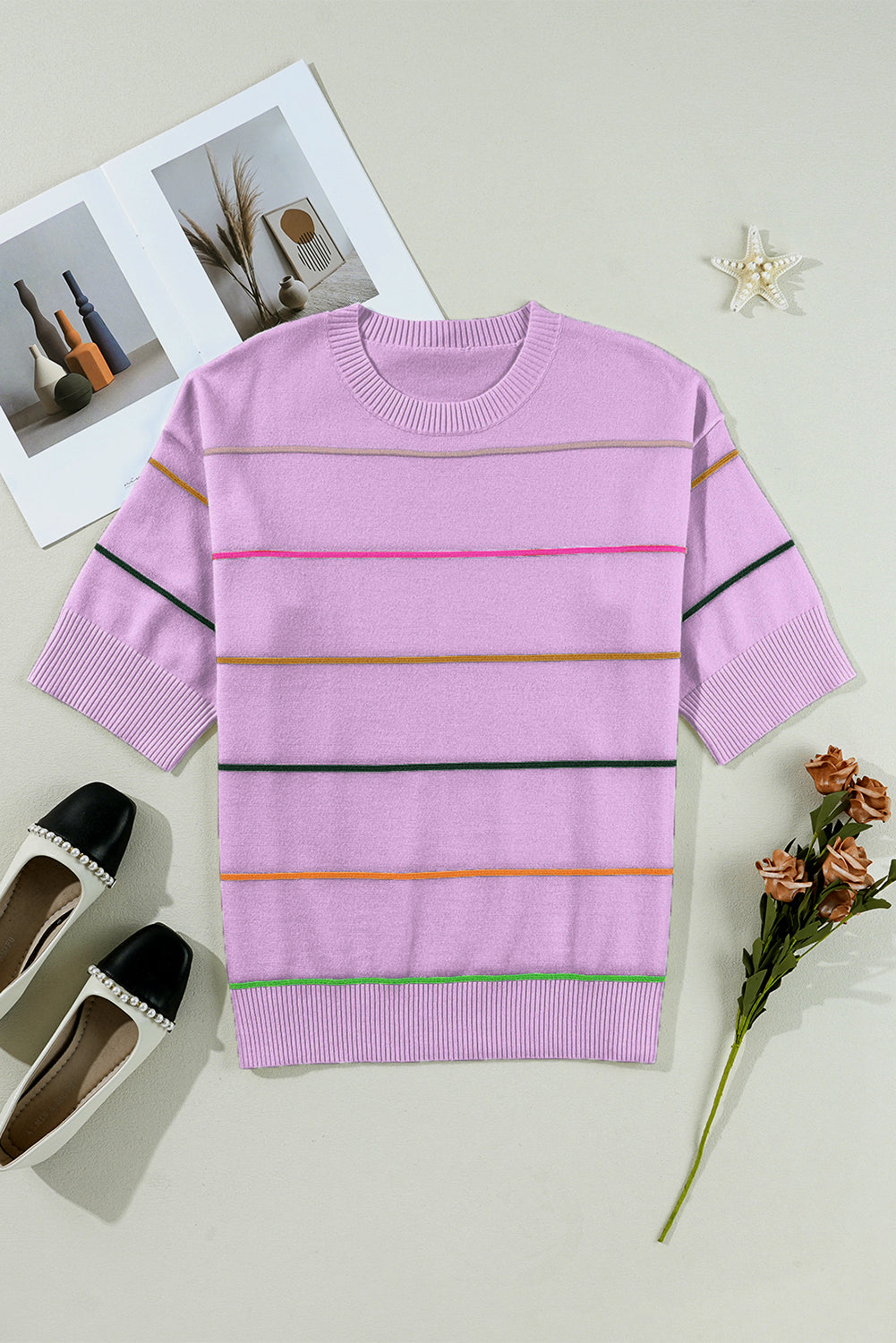 Orchid Petal Striped Half Sleeve Drop Shoulder Sweater 748c1e72fbd0653a