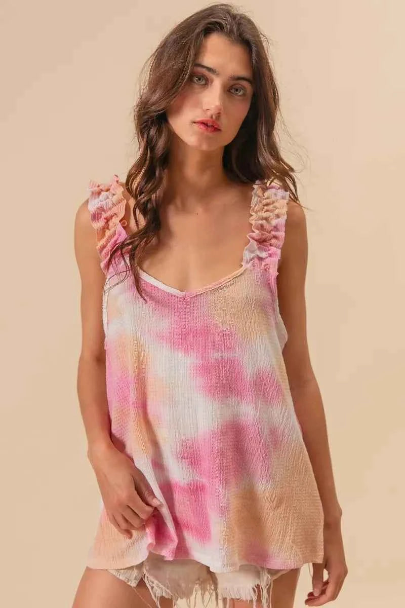 Tie Dye Printed Textured Woven with Ruffled PEACH PINK 748c9be769964d09a401f626645f0e5c-Max-Origin