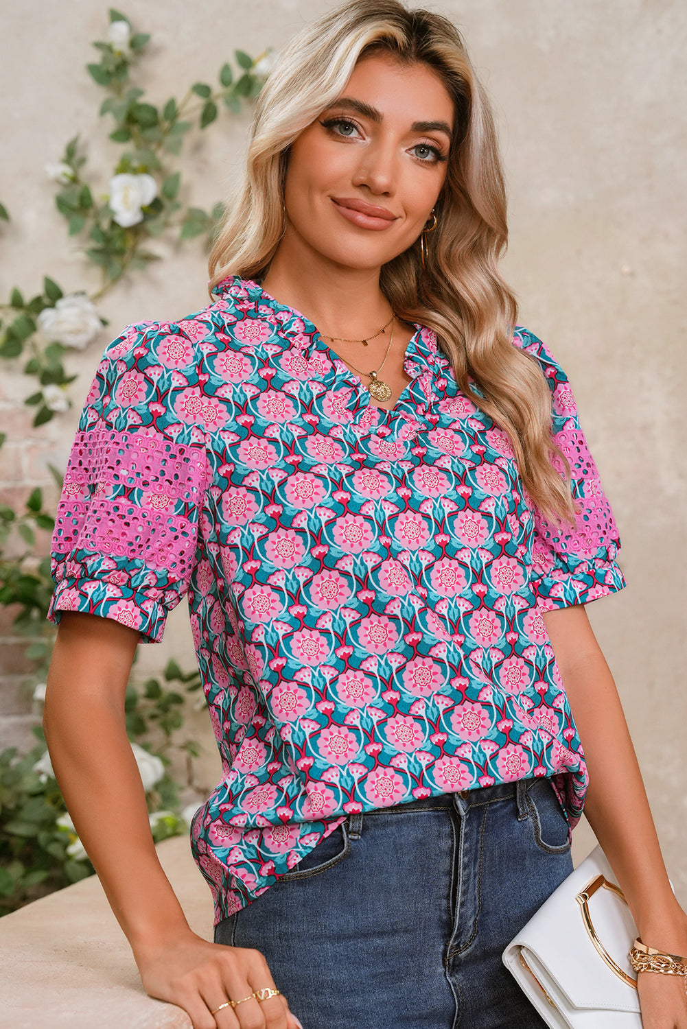 Sachet Pink Frill V-Neck Abstract Print Puff Sleeve Top 748ec0a1e833d0c8