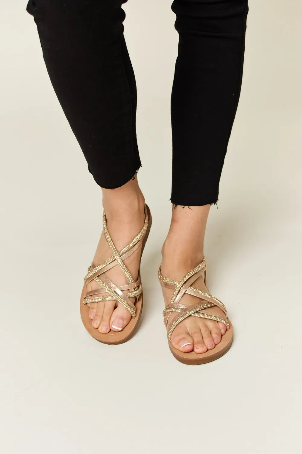 Forever Link Rhinestone Crisscross Flat Sandals GOLD 7492e503-b728-4f53-88c5-9504b762427a-Max