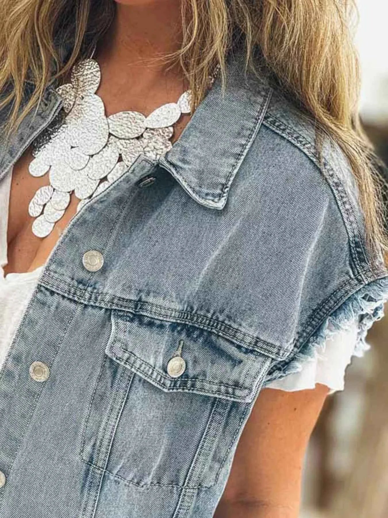 Button Flap Pocket Frayed Detail Denim Vest 7493943aa9f34be2970aafa00d12045b-Max-Origin