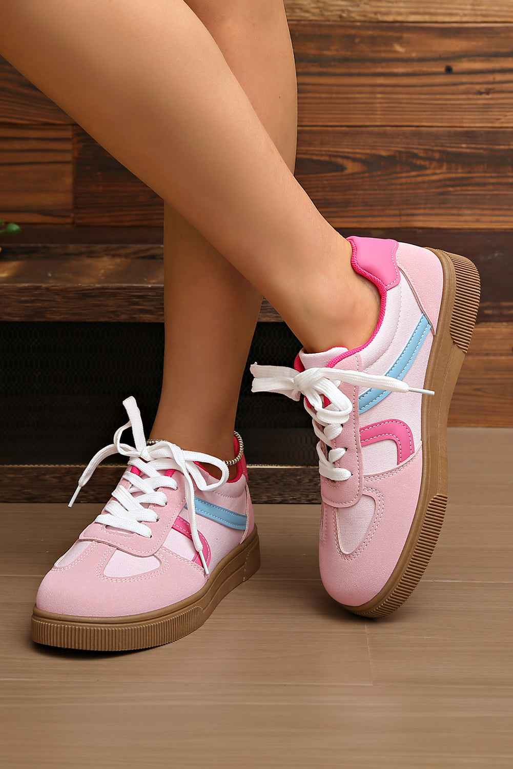 Rose Red Color Block Lace Up Sneakers 7496523485c5a616