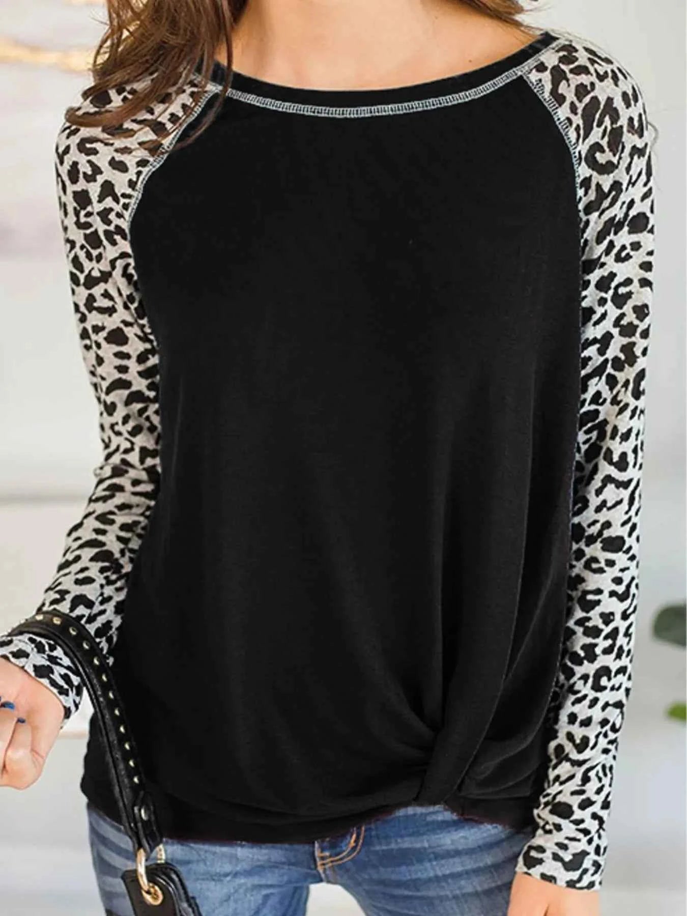 Leopard Print Raglan Sleeve Twist Hem T-Shirt