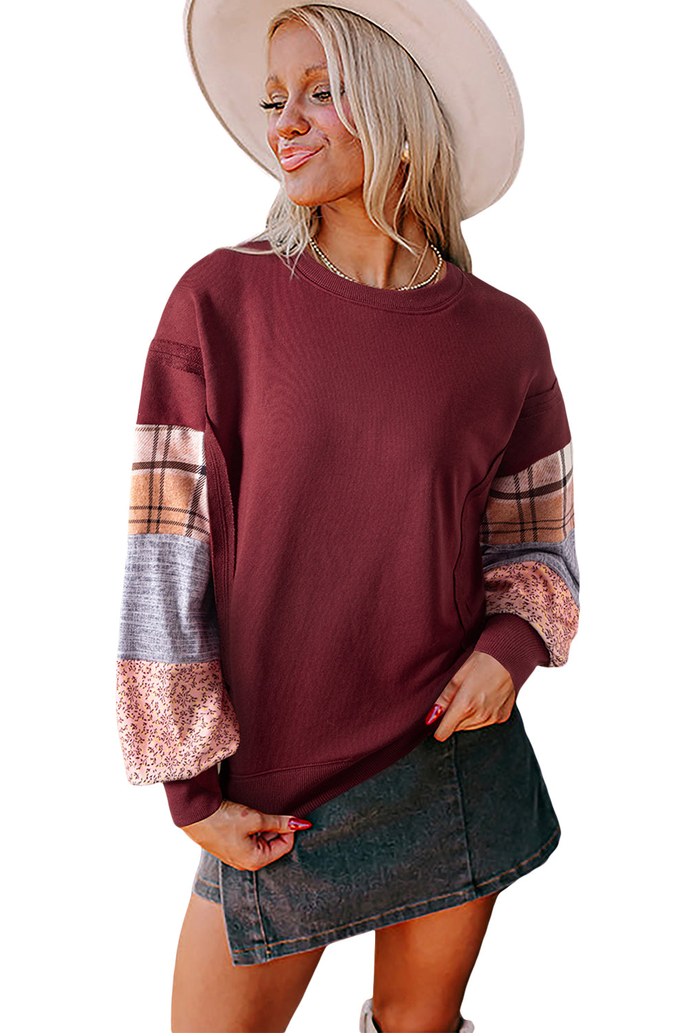 Smoke Gray Plaid Patchwork Sleeve Raw Seam Sweatshirt Red Sandalwood 65%Polyester+35%Cotton 749bf5b52a607264