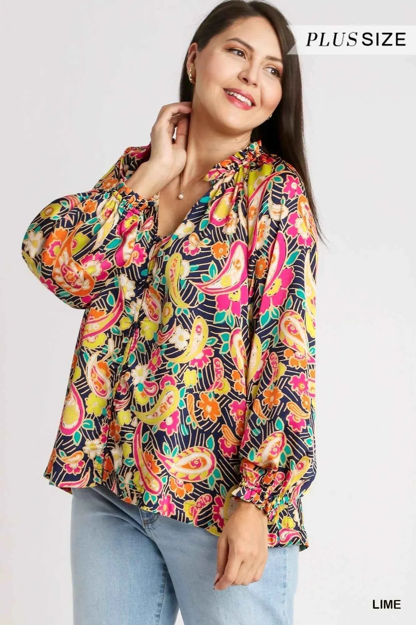 Umgee Full Size Satin Paisley Ruffle Neck Button-Up Shirt Plus Size 74ad5d71-d6aa-41ba-a116-a1172e22e376-Max-Origin