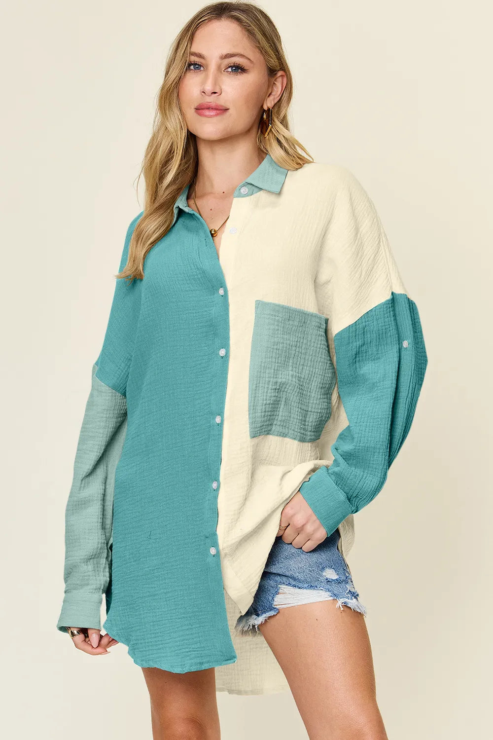 Double Take Full Size Pocketed Texture Button Up Shirt Teal 74ada07f-83c7-4b46-9e9e-f98deddd0e70-Max