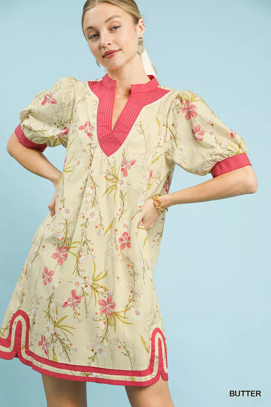 Floral Puff Sleeve Dress with Contrast Trim 74addc16-55fc-4b17-a185-45b78a88ceae-Max-Origin