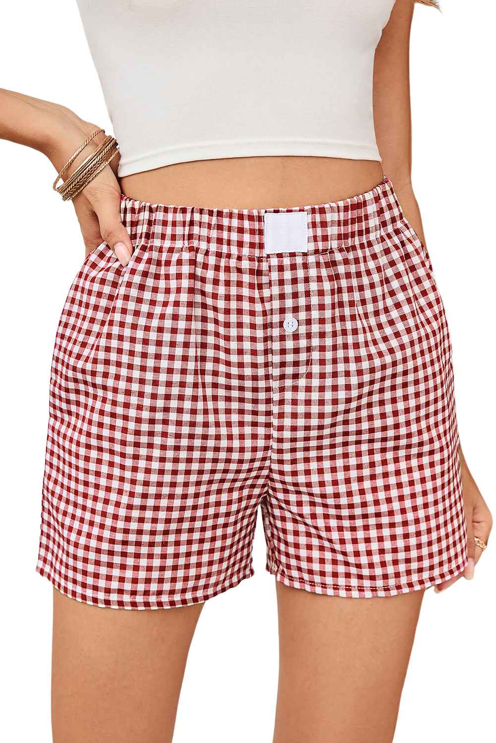 Red Vintage Plaid Print High Waisted Loose Wide Leg Shorts 74b3d43688b9fd42