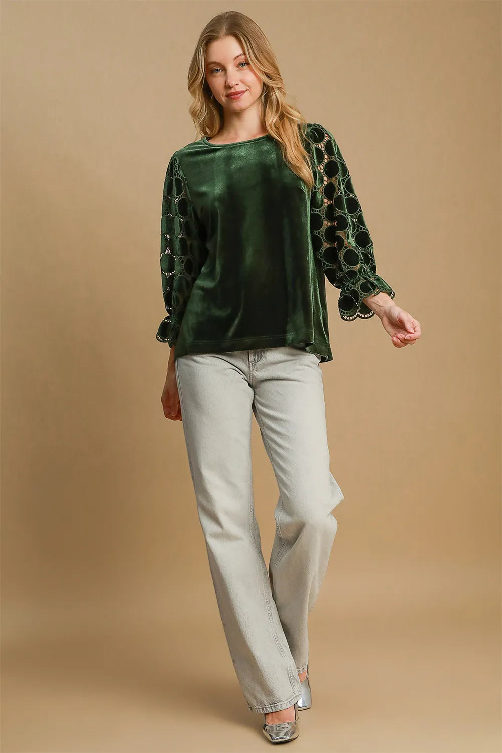 Umgee Polka Dot Lace Long Sleeve Round Neck Blouse 74b89e7b-a2ba-4b5d-96c0-e5068919a215-Max