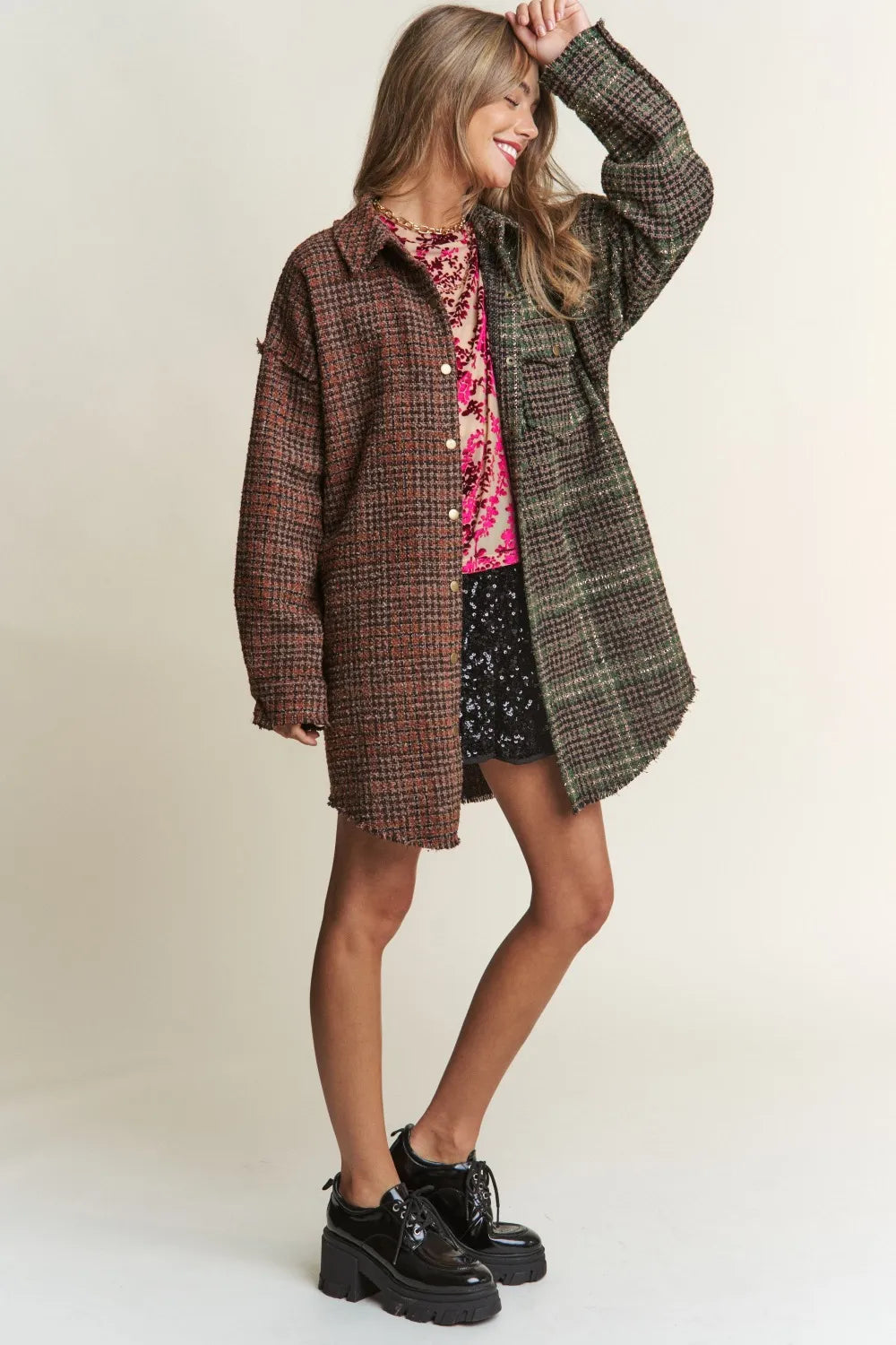 J.NNA Snap Down Tweed Plaid Contrast Longline Shacket 74bfae2d-5aea-4c08-aca0-0466cee6f988-Max