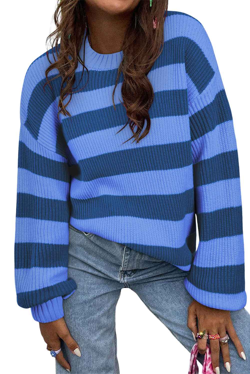 Blue Striped Drop Shoulder Casual Sweater 74c0a96c26107fc1