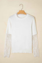 Beige Lace Sleeve Patchwork Faux Two-piece Fuzzy Sweater 74c3ad51fd952db3
