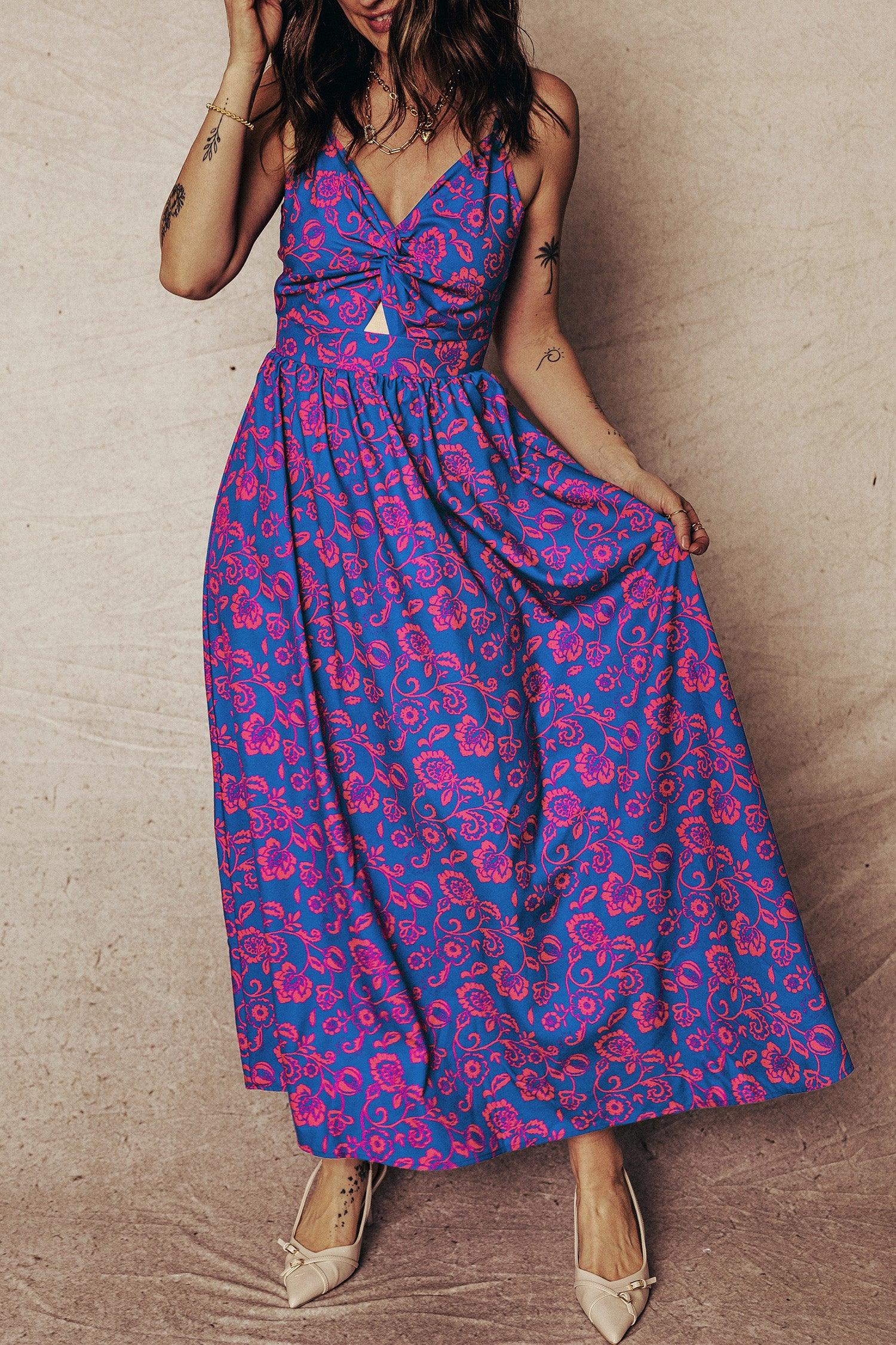 Blue Floral Print Twisted V Neck Tied Backless Maxi Dress 74c9aee4d058d4cc