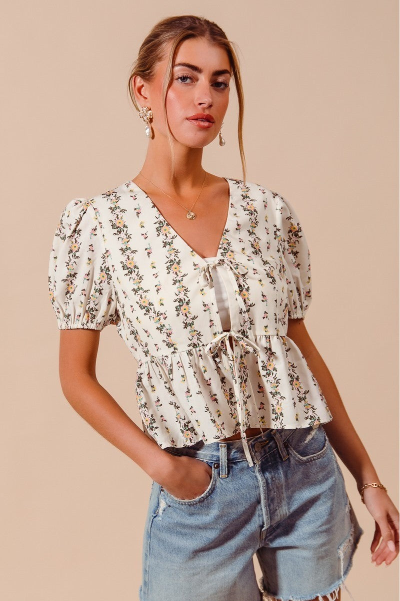 SO ME Floral Print Tie Front Shirred Hem Blouse 74cb5caf17204547a1fecab3829afb4b-Max