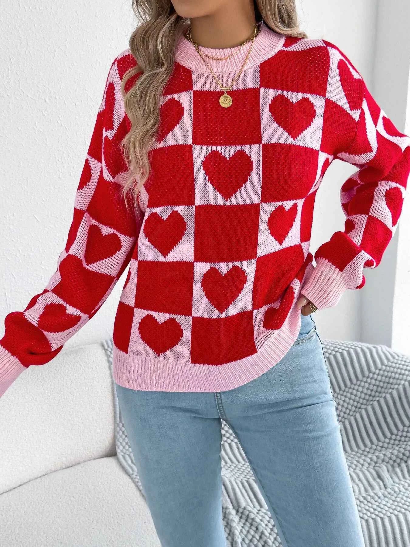 Heart Checkerboard Pattern Round Neck Sweater Red 74ce3100bb1049f0840d736297b40f95-Max-Origin