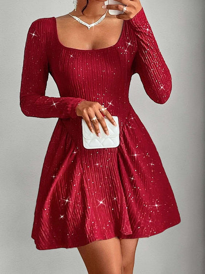 Backless Glitter Square Neck Long Sleeve Mini Dress