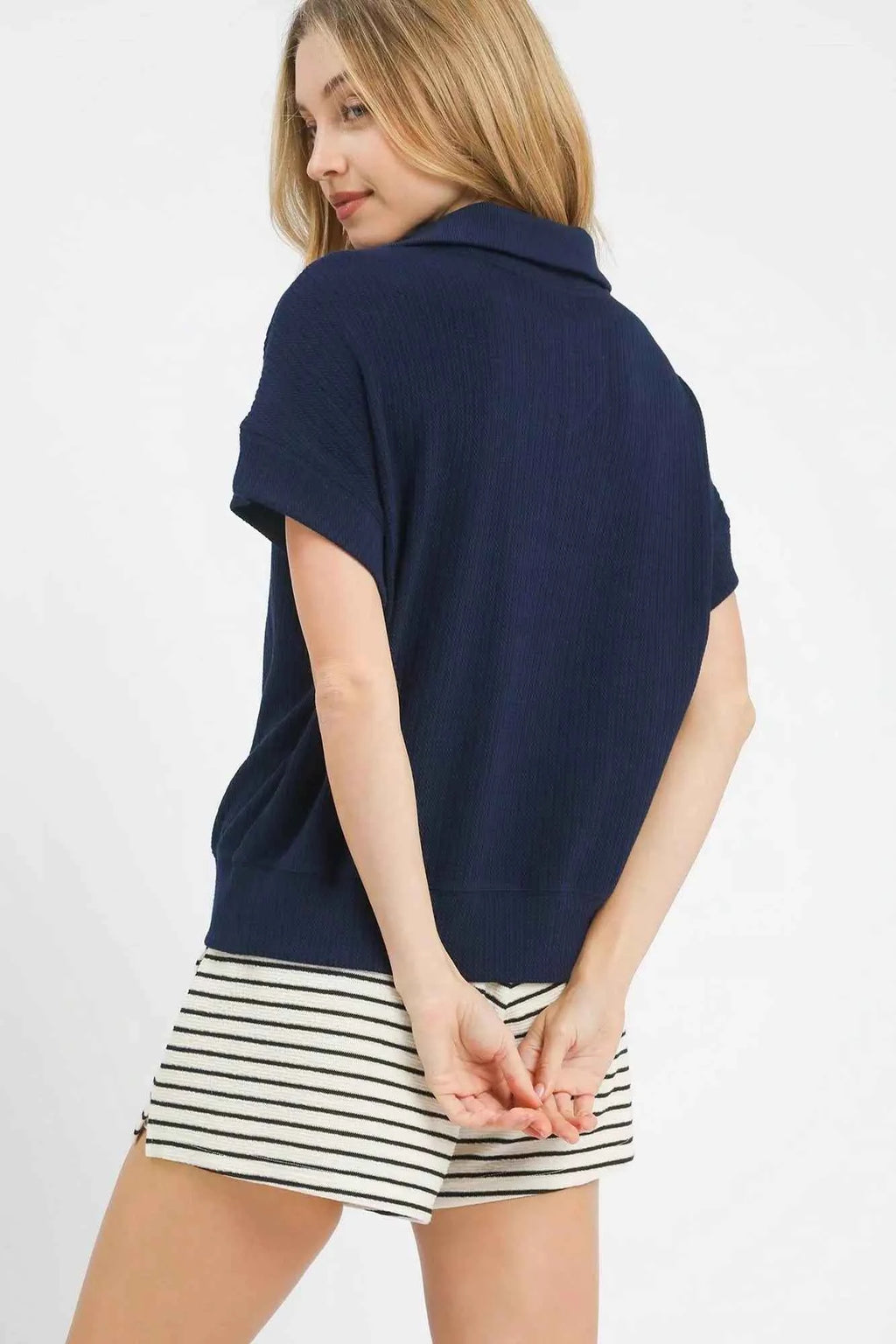 Umgee Textured Striped Zip Collar Knit Top