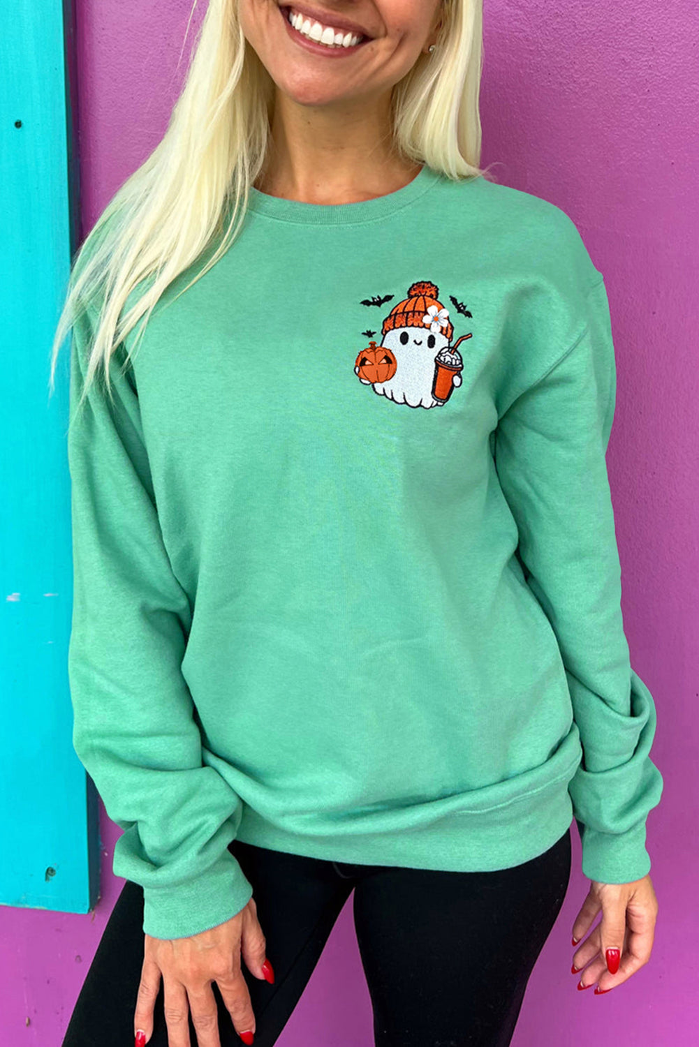 Aruba Blue Cute Halloween Ghost Embroidered Sweatshirt 74d9c96f6775e7ea