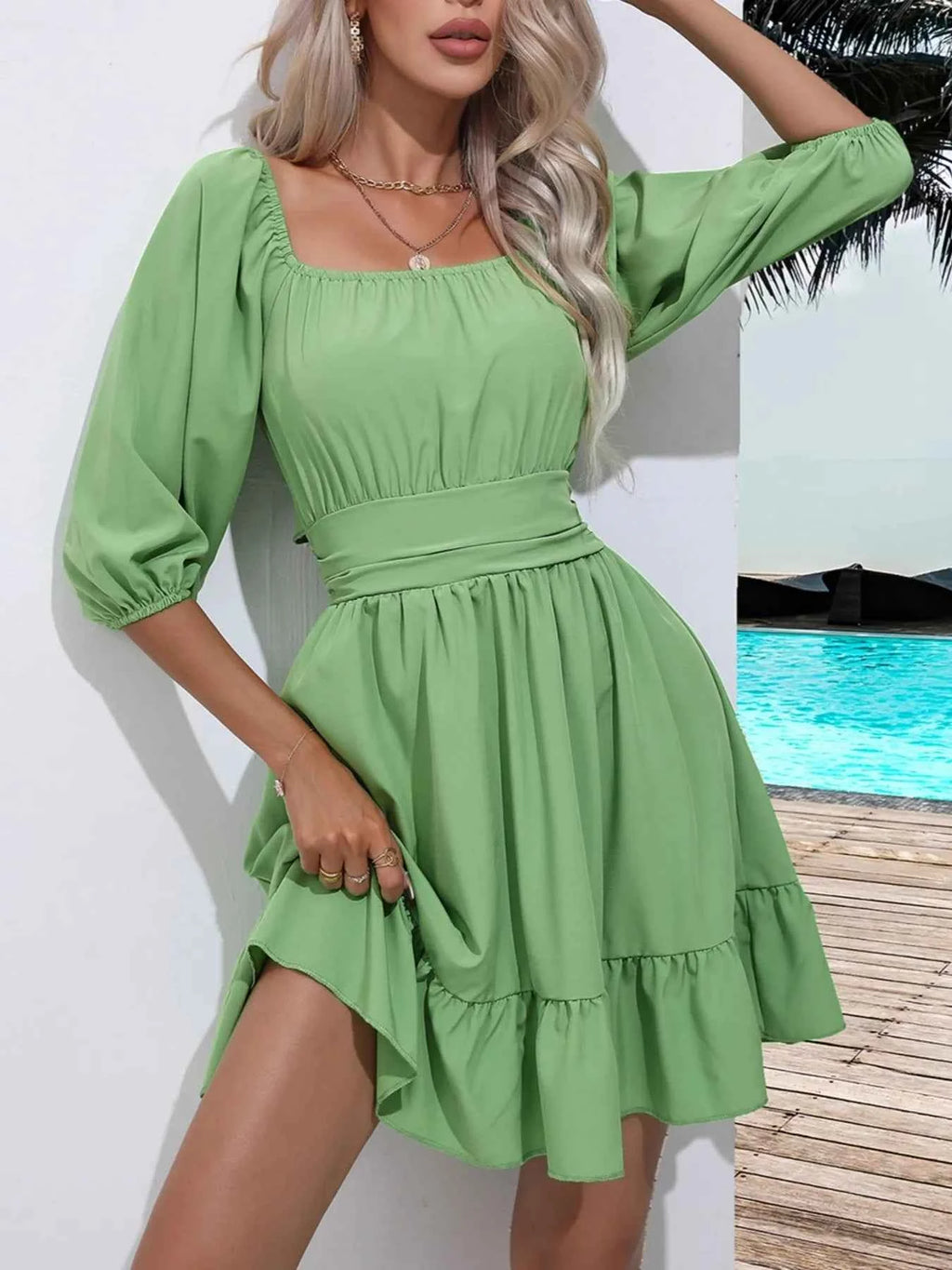 Tie Back Ruffled Hem Square Neck Dress 74da753c-8c68-4ba1-8d52-f3d677619fbe-Max-Origin