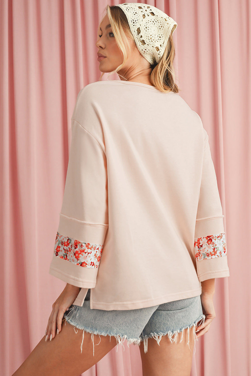 Beige Flower Exposed Seam Patchwork Loose Top 74dadb4e2ee0ef44