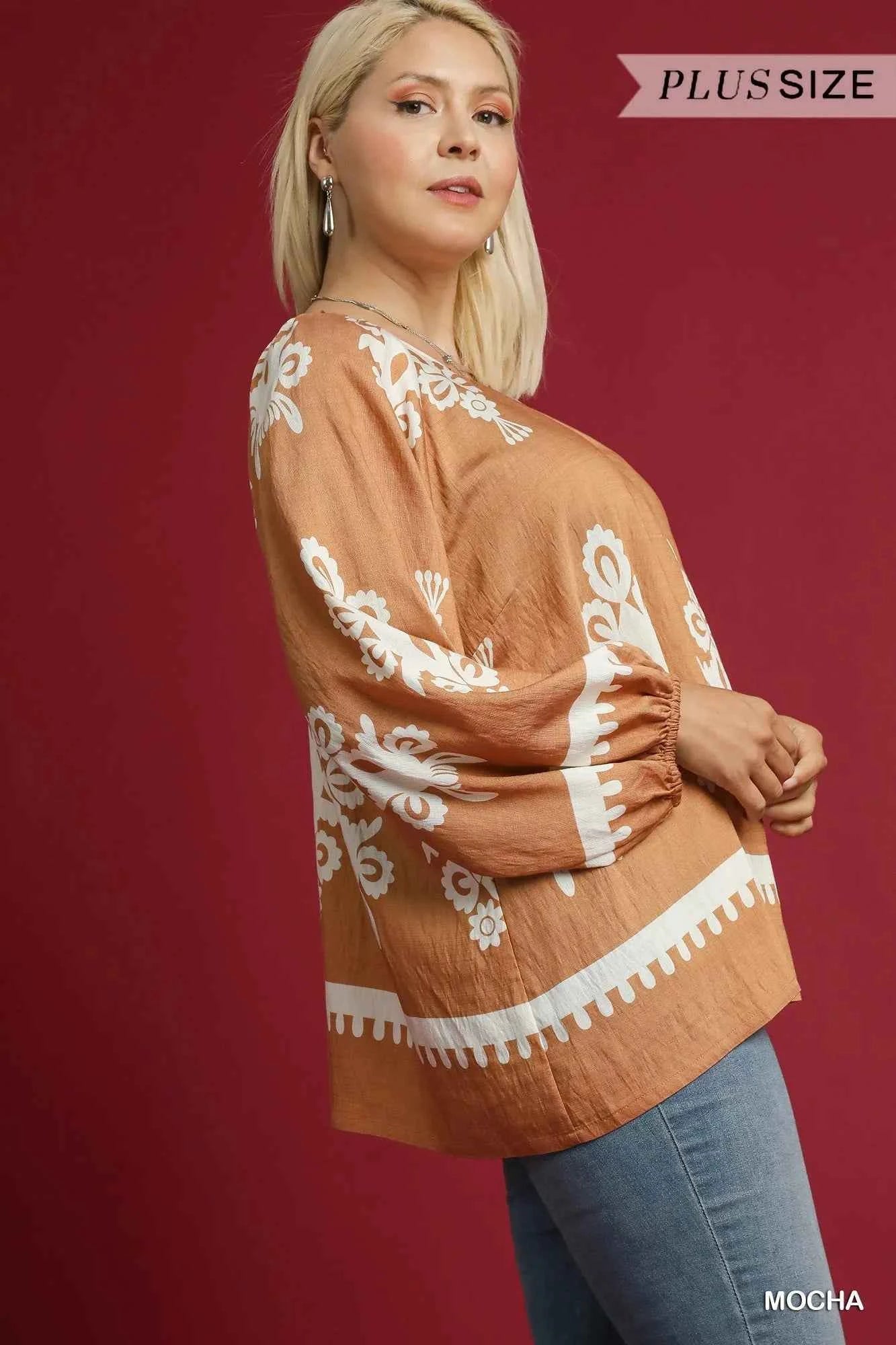 Umgee Full Size Two Tone Border Print Top with Balloon Sleeves Plus Size 74daff3c-0fd5-4355-8eb9-345be55f77c2-Max-Origin