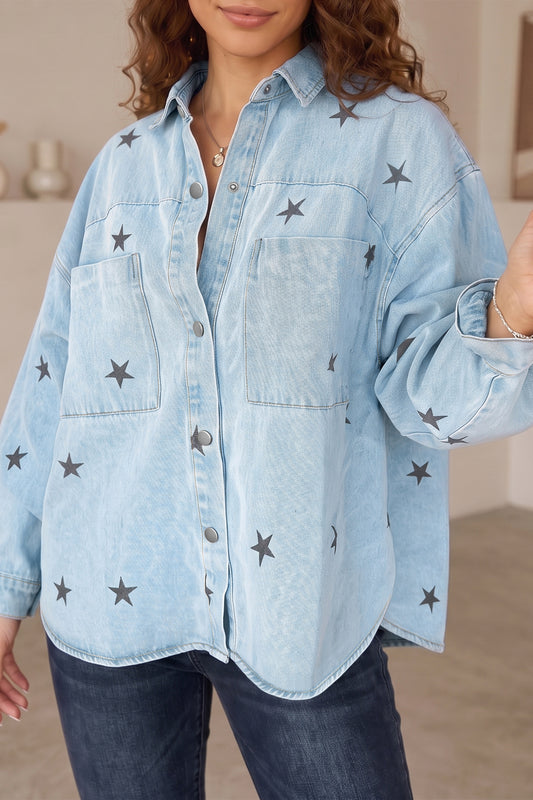 Sky Blue Stars Pattern Long Sleeve Shirt Collar Denim Jacket Sky Blue 90%Cotton+10%Polyester 74dcca544d4f6e2e