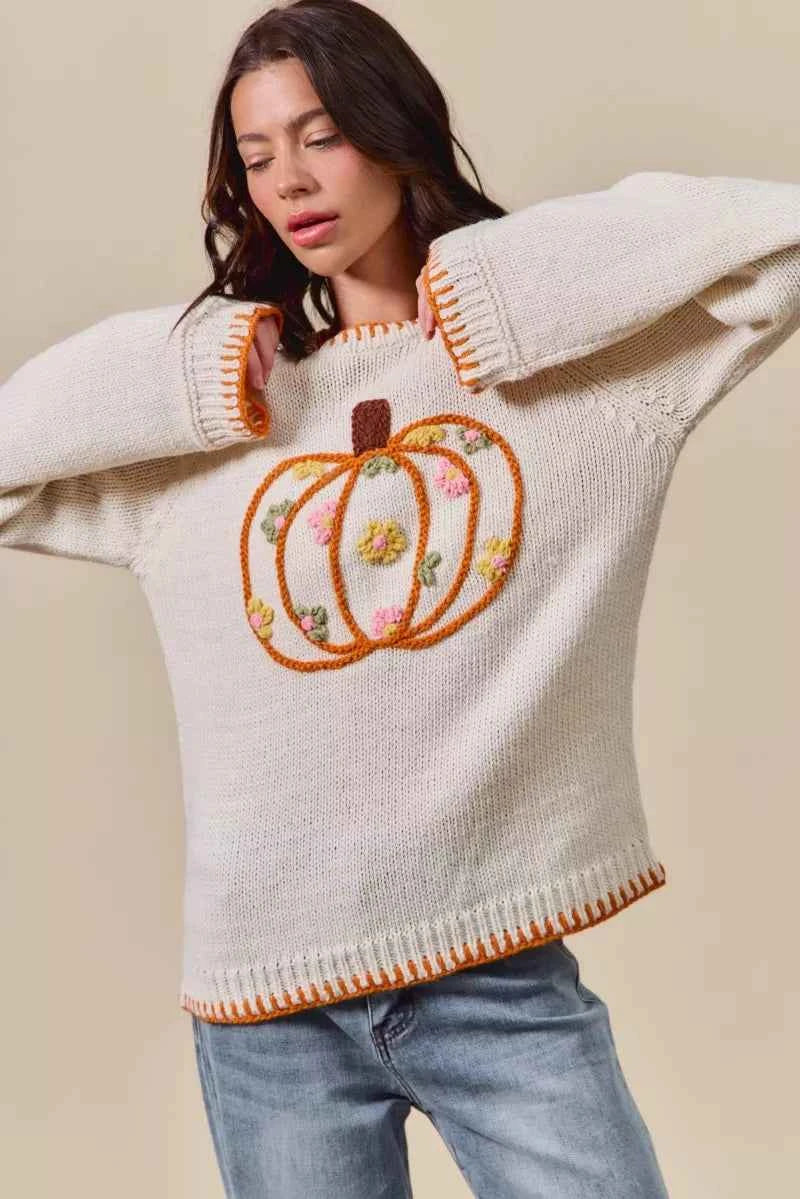 SO ME Pumpkin Floral Embroidered Thanksgiving Sweater 74dce2ea63a842f48fdcd46ed4ab0be5-Max-Origin