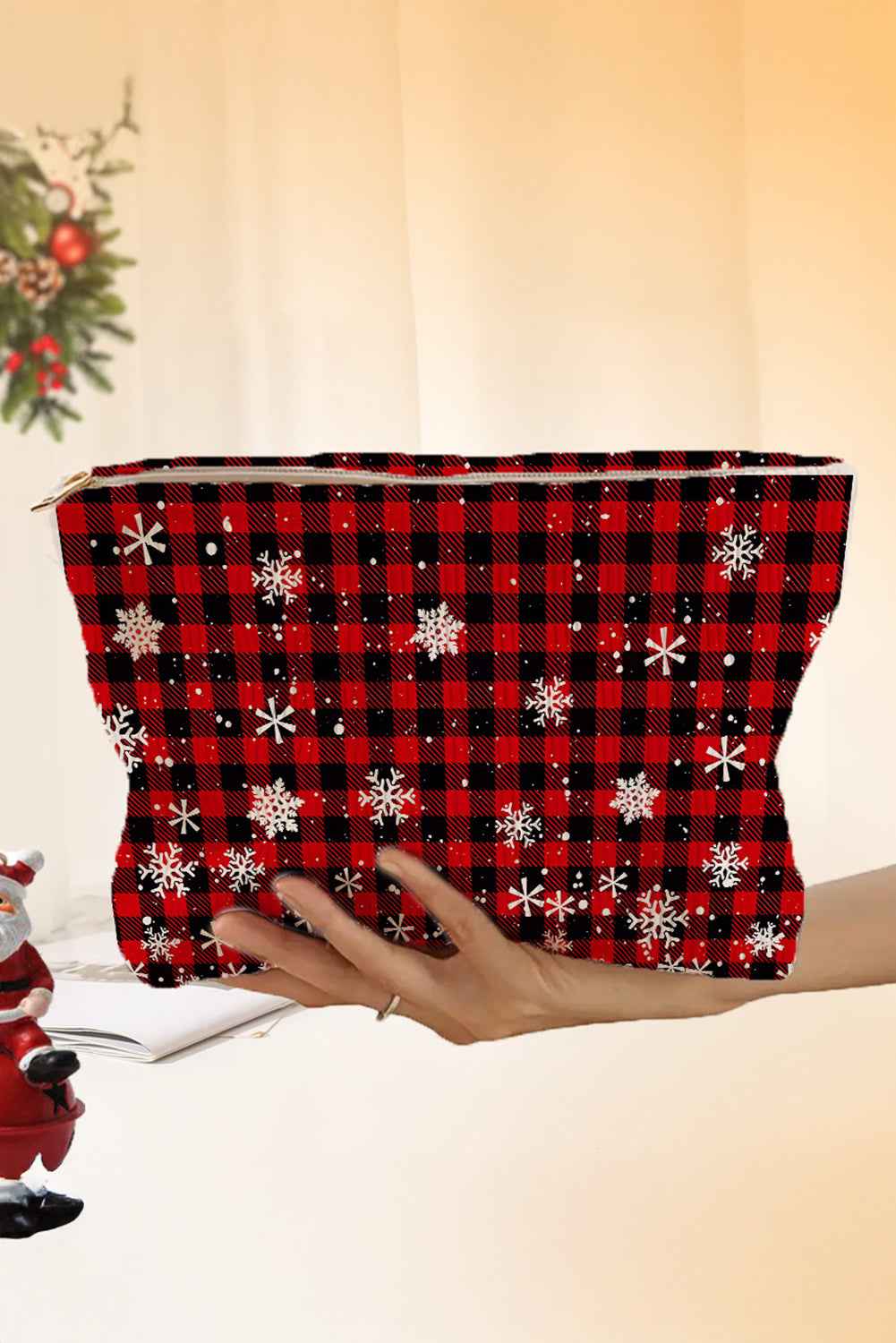Fiery Red Plaid Christmas Snowflake Print Cosmetic Bag