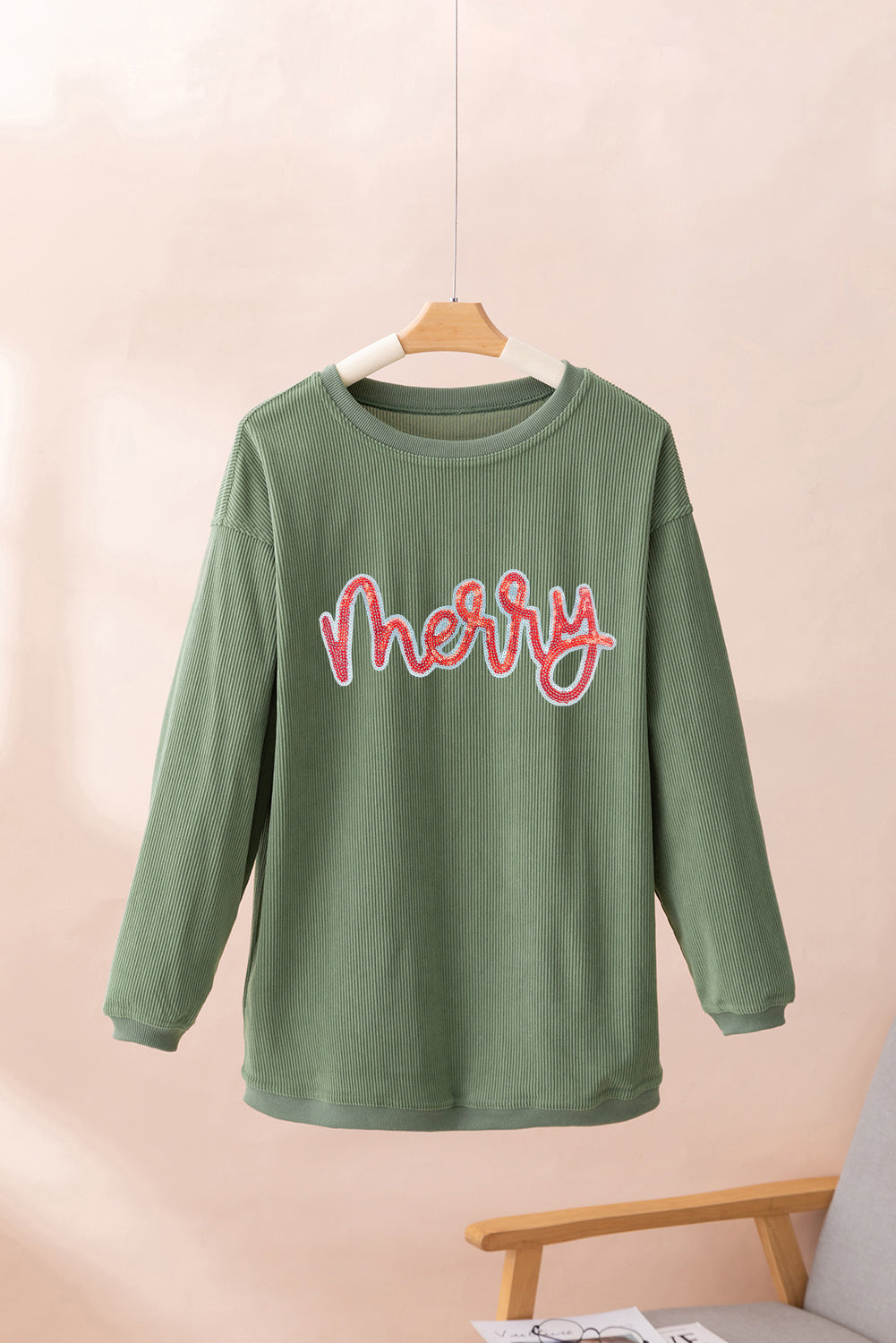 Grass Green Sequin merry Letter Patch Application Twisted Ribbed Baggy Sweatshirt Grass Green 100%Polyester 74e3c08aa2e2b32b
