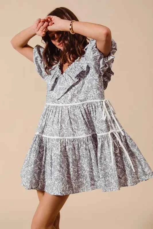 SO ME Cotton Printed Ruffle V Neckline Dress with Side Tie 74e72ac373a042adb41cd465abea8964-Max-Origin