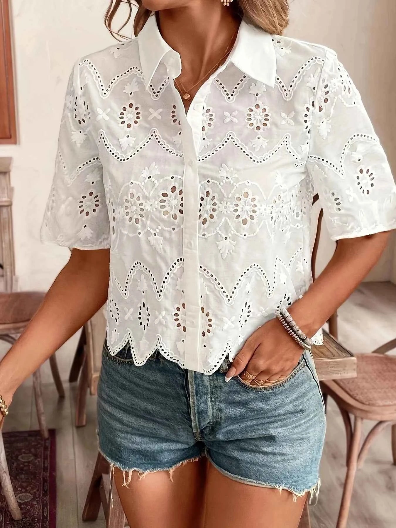 Eyelet Lace Short Sleeve Button-Up Shirt White 74e88cdbd80b48a18721c78b6b47c07a-Max-Origin