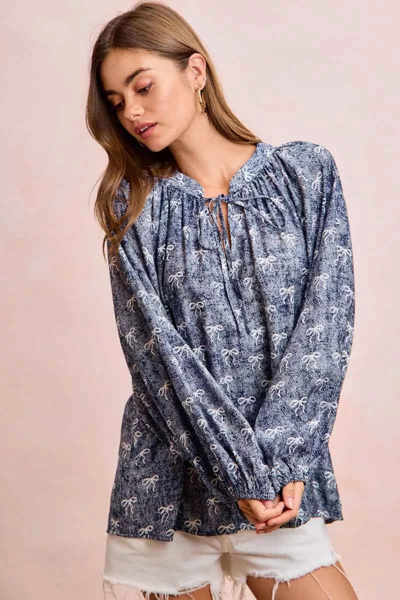 BiBi Ribbon Bow Print Exaggerated Balloon Sleeves Top 74e963e500d546309c6c3279cfa71c95-Max-Origin