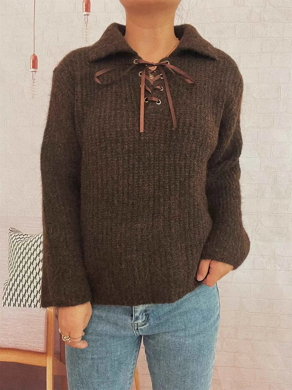 Lace Up Long Sleeve Sweater 74ea6e5efadb4b1299b587dfc4126319-Max-Origin