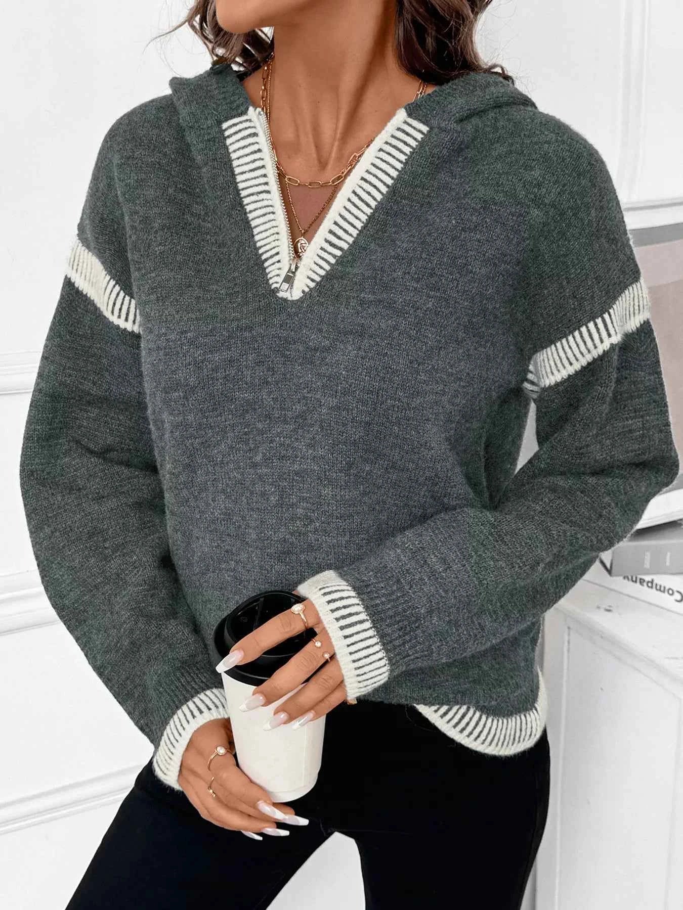 Contrast Trim Quarter Zip Hooded Sweater Dark Gray 74eafd4f060c47ccbb69168403a1b05e-Max-Origin