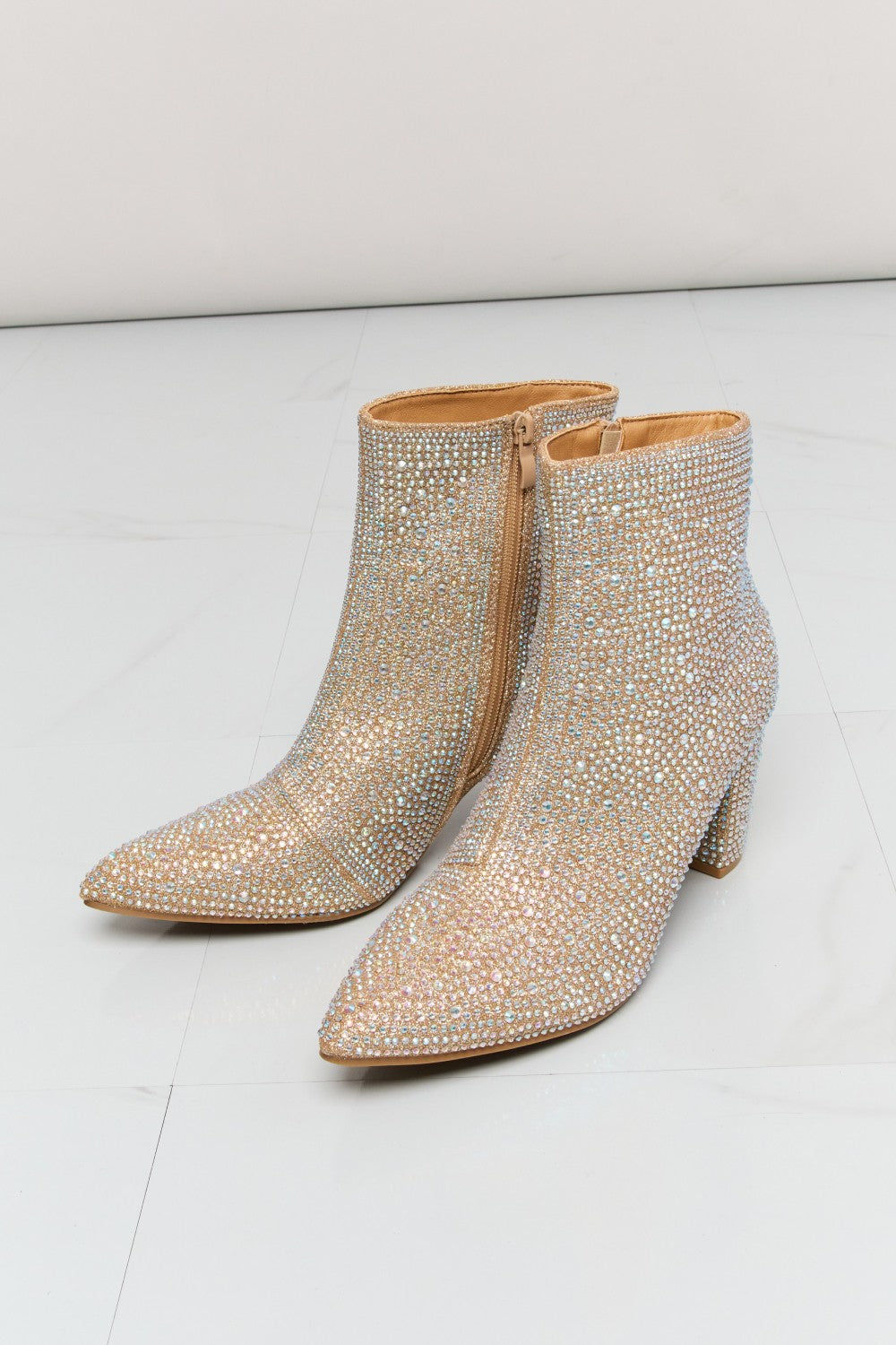Forever Link Rhinestone Pointed Toe Mid Block Heel Booties 74eb936bdf0243e8805f1a600e37e4ca-Max
