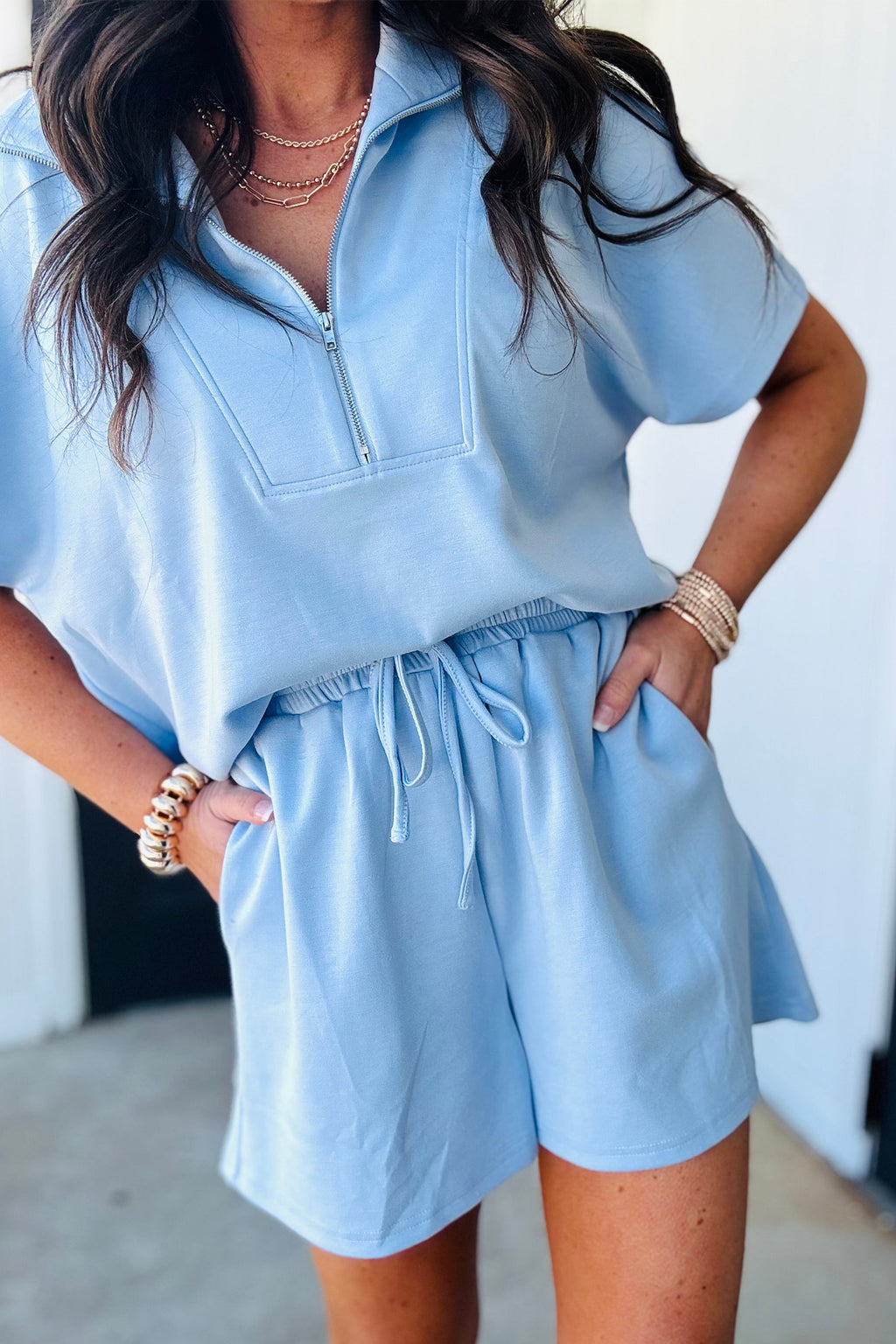 Beau Blue Solid Color Half Zip Loose Short Sleeve Sweatshirt 2pcs Set 74ecfec5b2e270ea