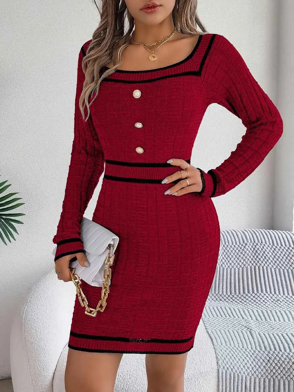 Contrast Trim Long Sleeve Sweater Dress 74ed21f0-b4eb-49fc-b9c1-ca0ba92a89fd-Max