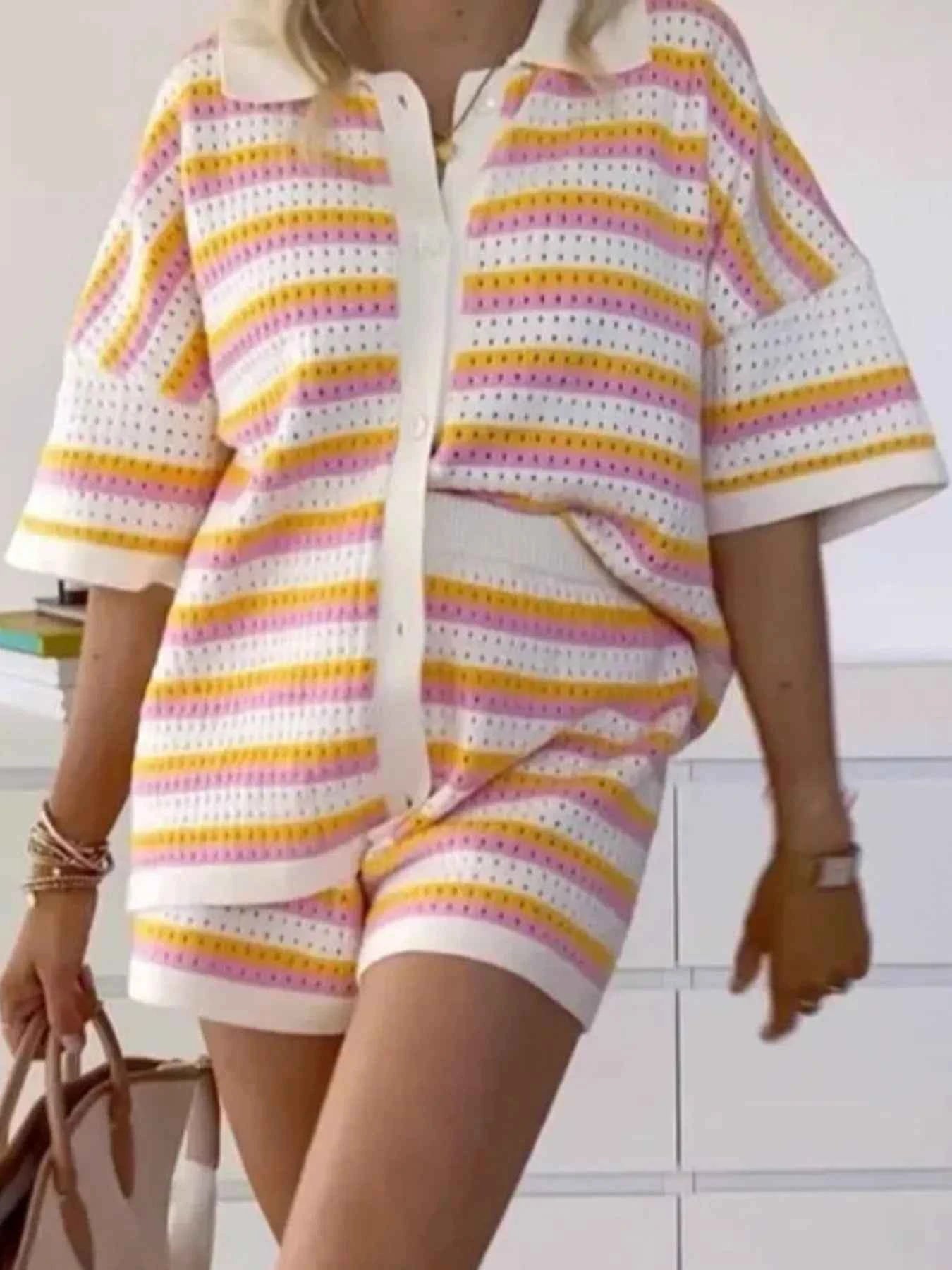 Striped Eyelet Button Up Shirt and Shorts Set 74f46e16d5354b558beded59da87c6da-Max-Origin