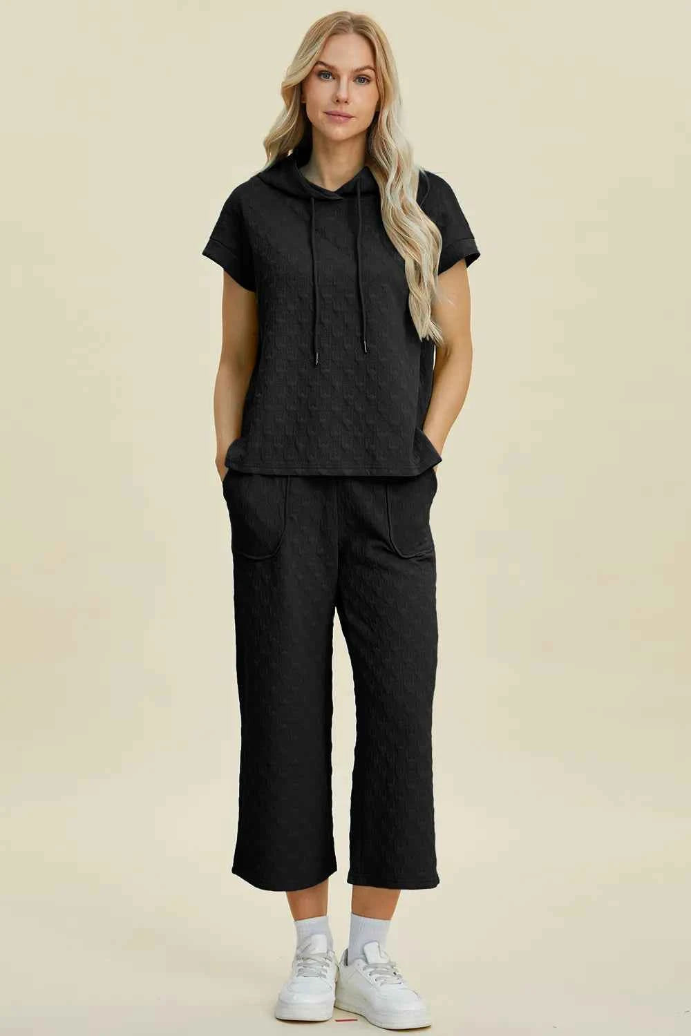 Double Take Full Size Texture Drawstring Short Sleeve Hoodie and Pocketed Pants Set Black 74f532d2-4439-4dc6-966e-7e08c81501ed-Max