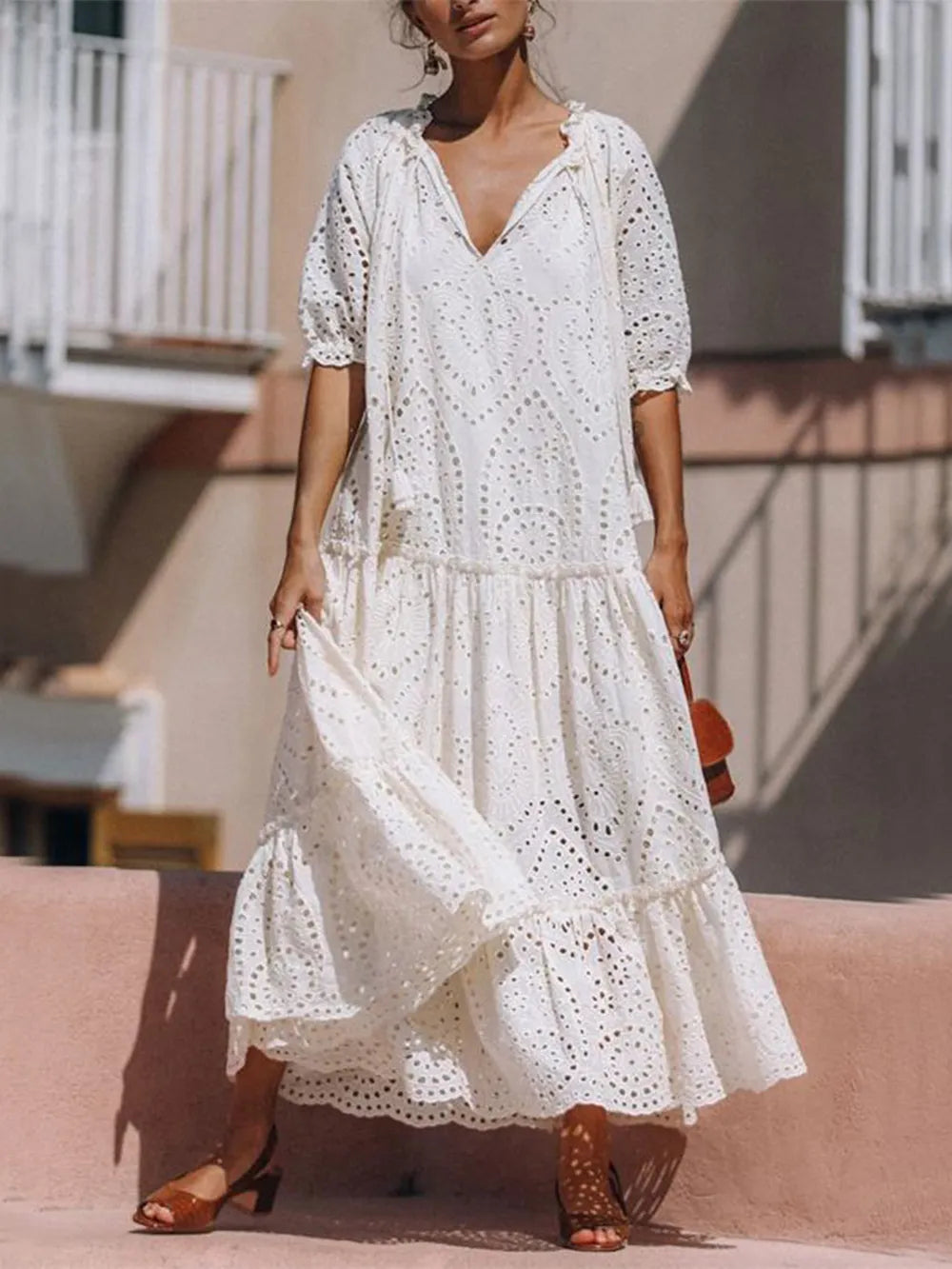 Tie Neck Half Sleeve Tiered Dress 74f7387a-1640-4962-b5e5-ae21ce22e21a-Max
