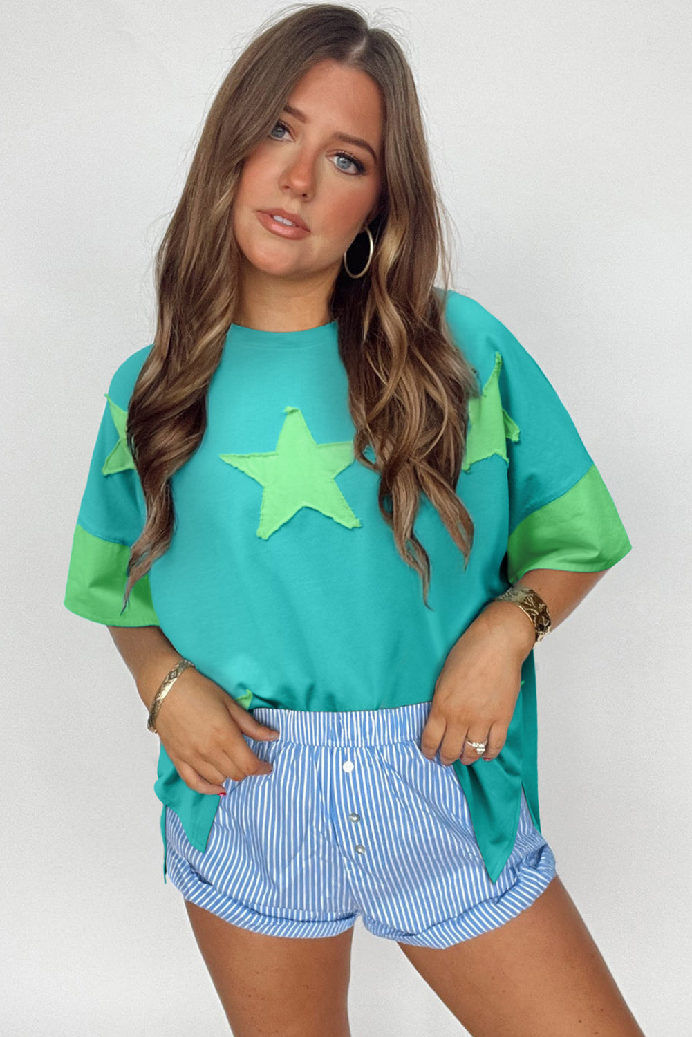 Myosotis Frayed Star Patched 4th of July Oversize T Shirt 74fcdd7e21a5b3ca
