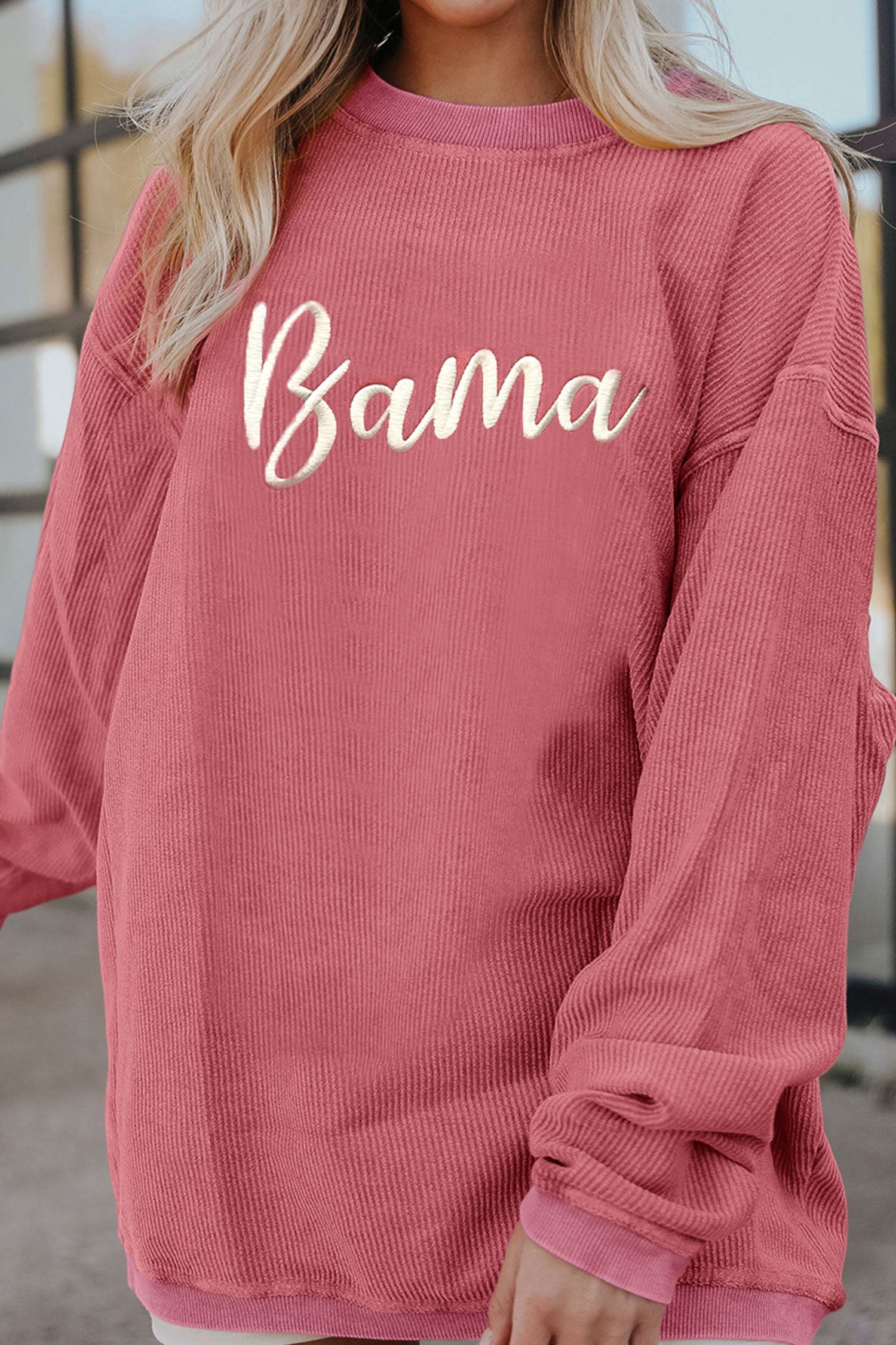 Strawberry Pink Corded Ribbed Bama Embroidered Letter Graphic Sweatshirt 750237db8666517c
